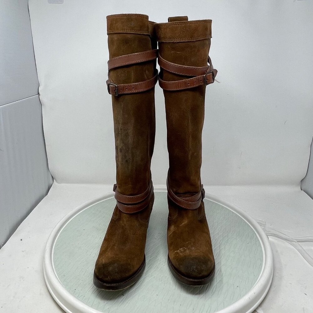 Frye Jane Boots Size 6.5 Strappy Suede Leather Round Toe Stacked Heel Boho